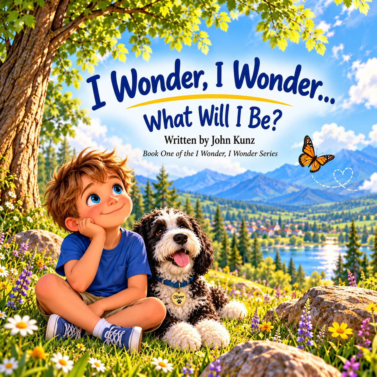 Official manuscript cover of I Wonder, I Wonder… What Will I Be? by John Kunz, showing Charlie and Oliver in a mountain wildflower meadow.