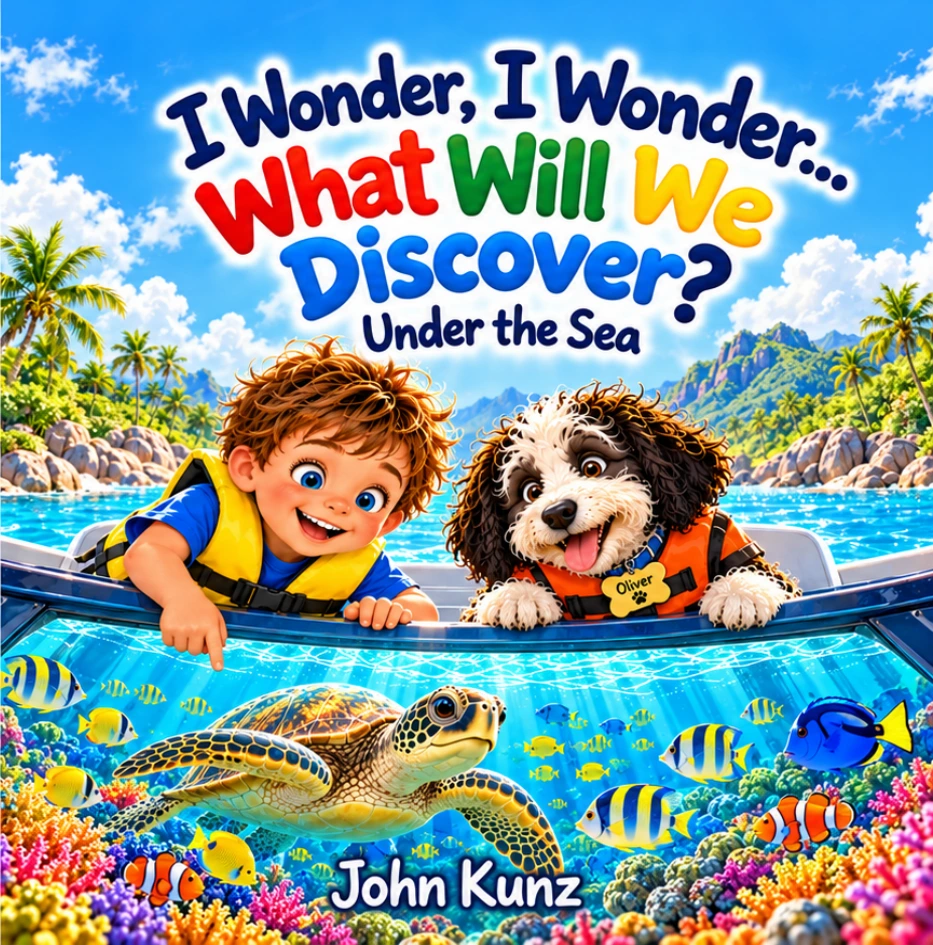 I Wonder, I Wonder… What Will We Discover? Under the Sea by John Kunz: Charlie and Oliver exploring the ocean from a glass-bottom boat.