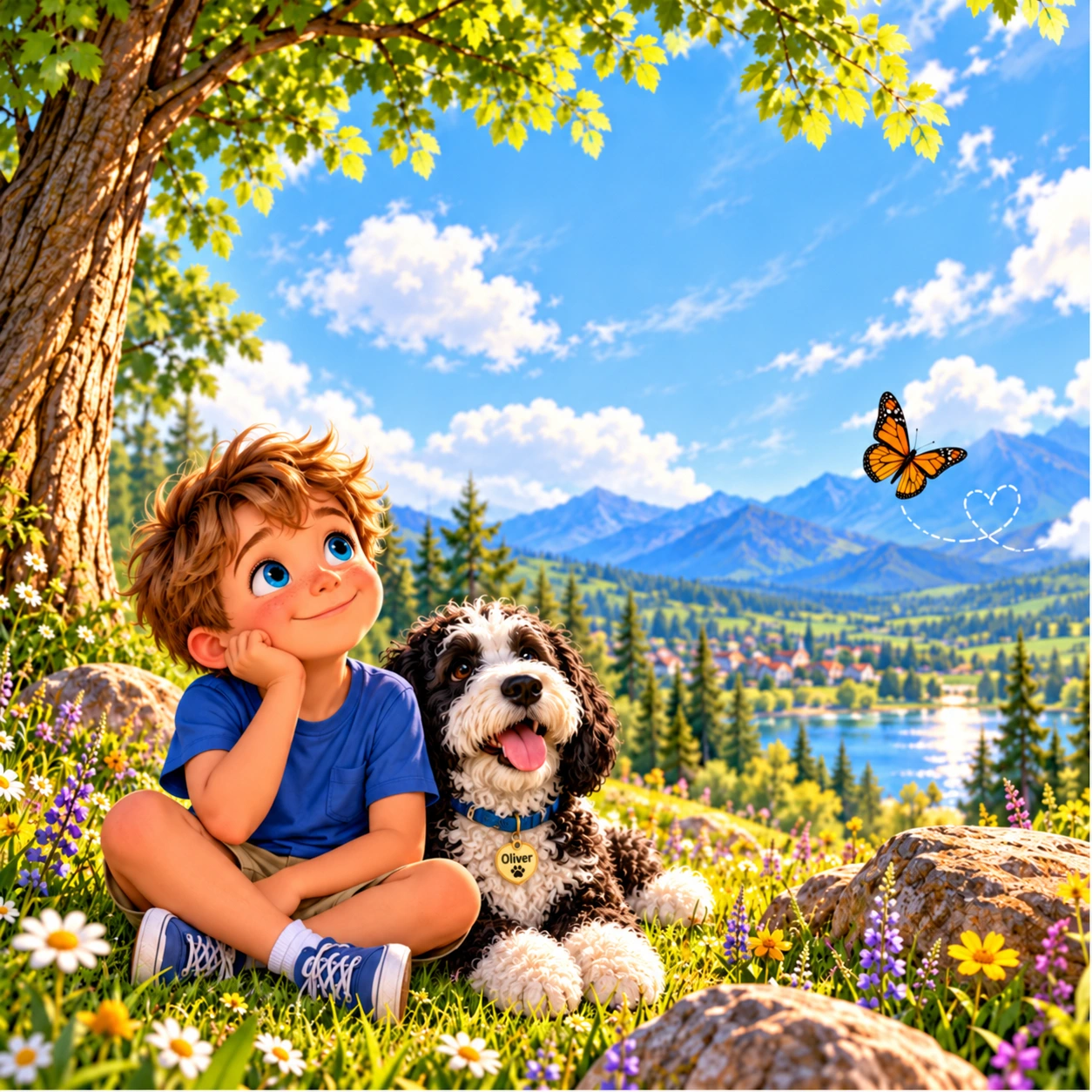 Charlie and Oliver, with his blue collar and gold name tag, wondering together in a sunlit mountain meadow.